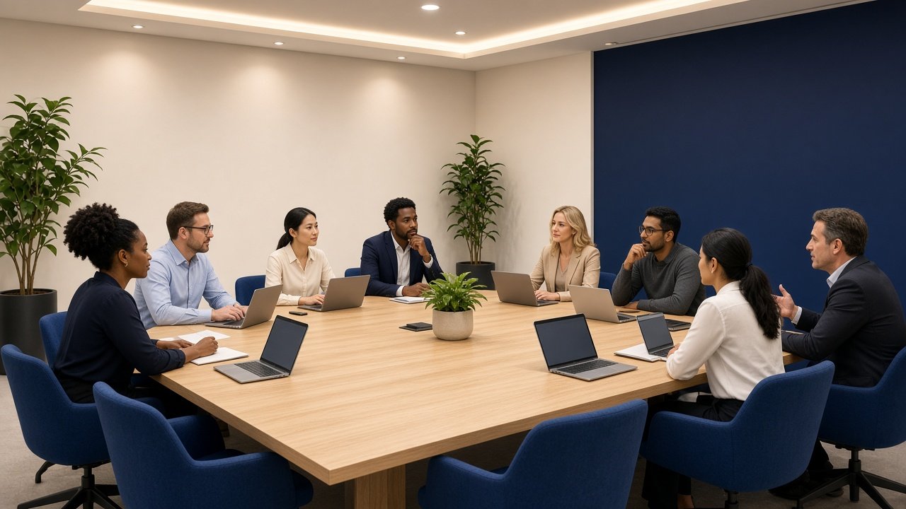 A professional-services team in a busy modern boardroom.