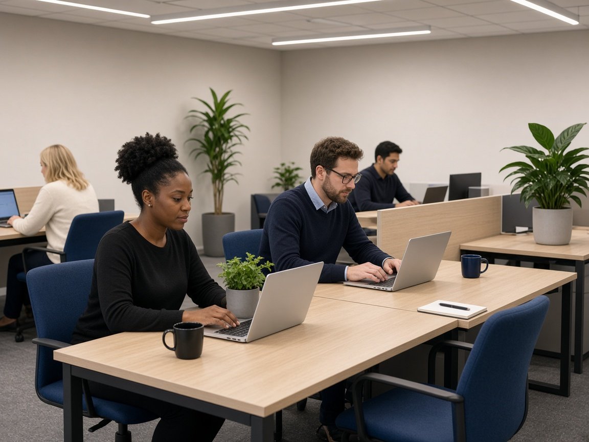 Administrators preparing workplace-pension files in a busy office.