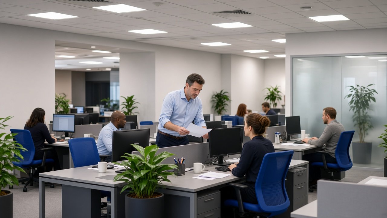 A busy modern open-plan office with people working at their desks.