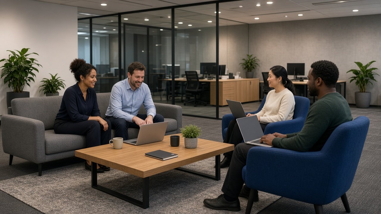 A professional-services team talking through work in a modern office.