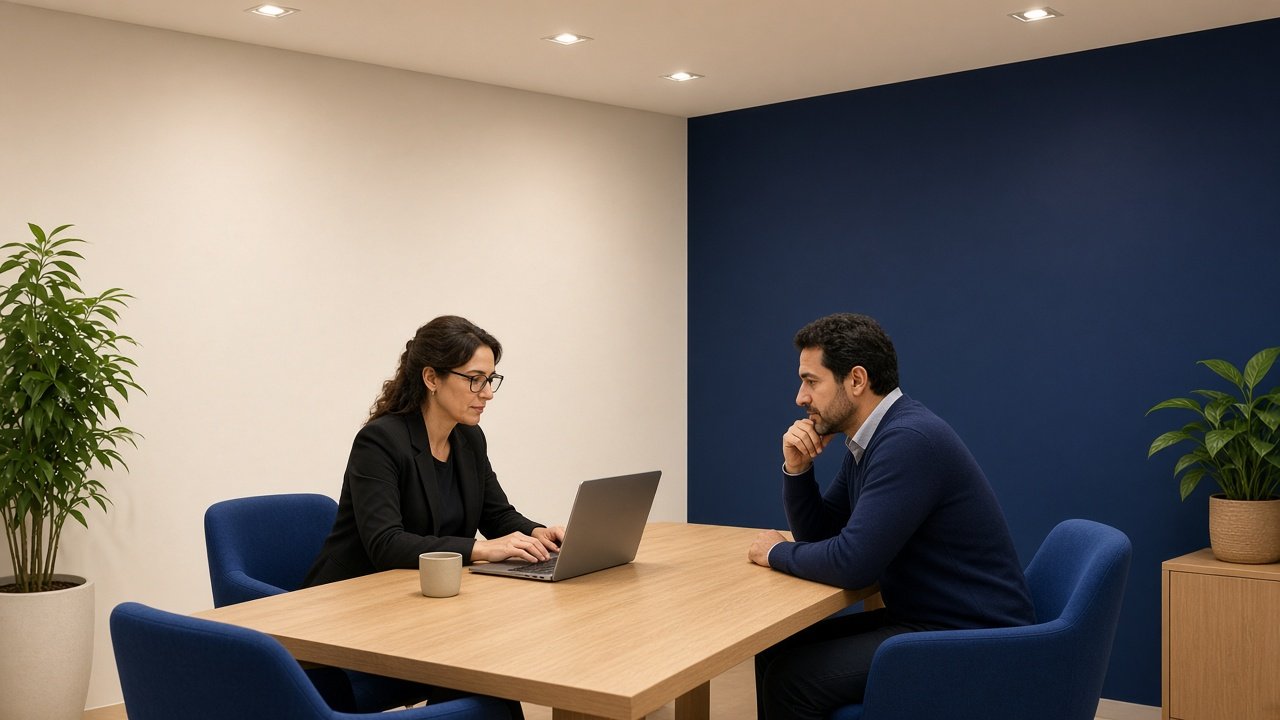 Specialists in a busy office discussing work over a laptop.